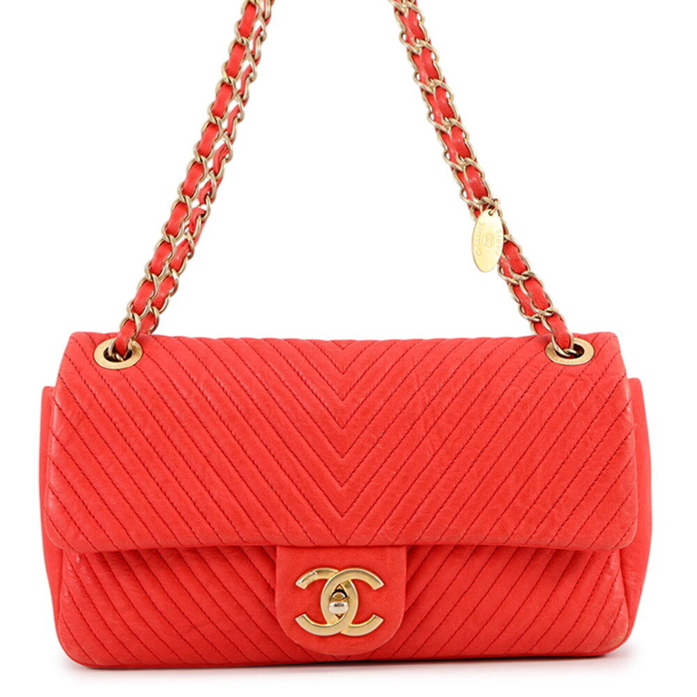 Chanel Chain Shoulder Bag Chevron V-Stitch Coco Mark Leather CHANEL Handbag W...